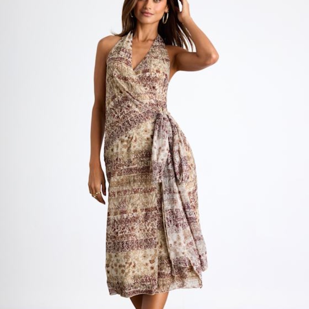Lulus Francine Beige Multi Boho Print Halter Midi Dress - Size XS